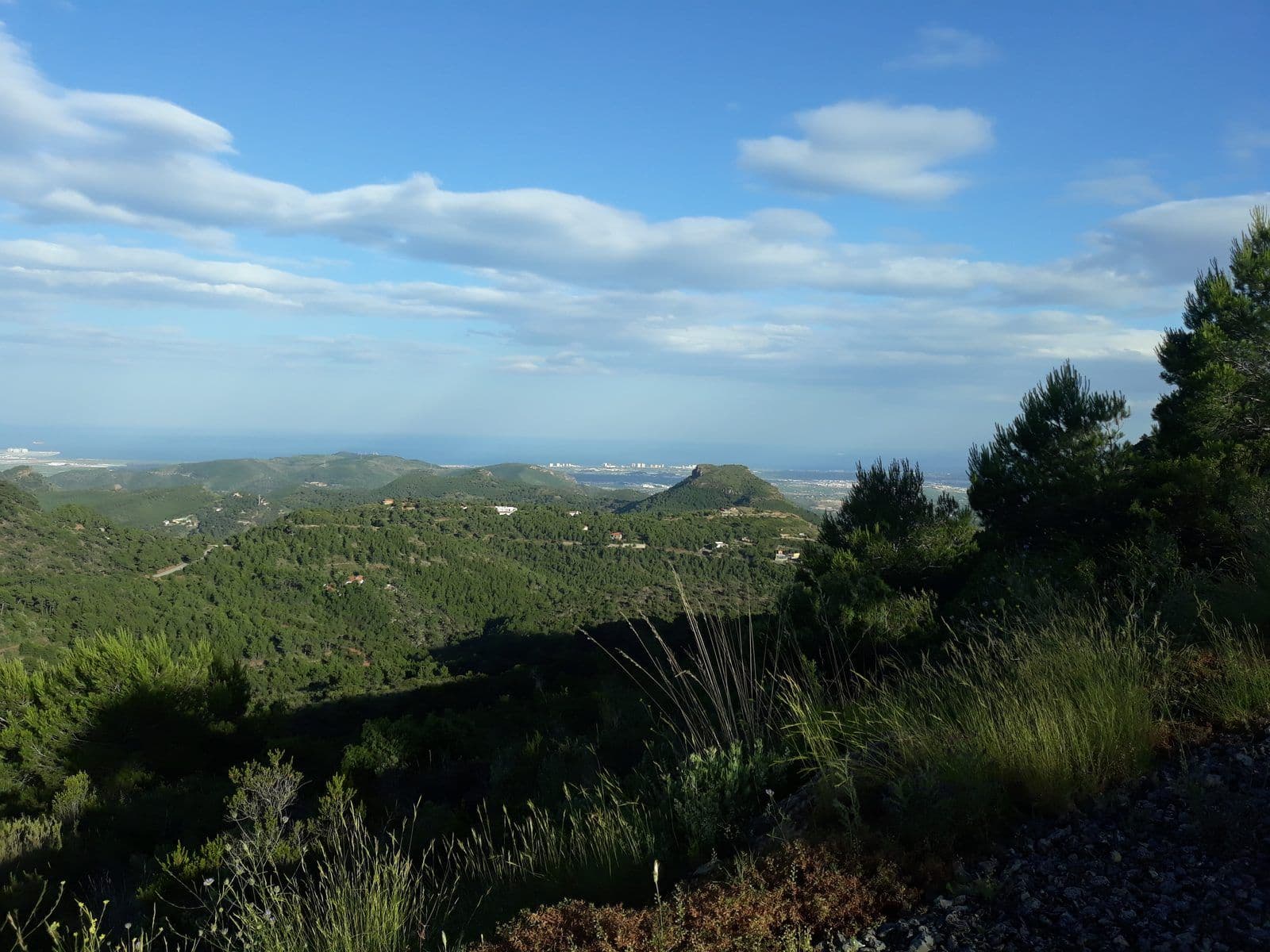De beboste heuvels van de Sierra Calderona, met de stad Valencia en de kust in de verte