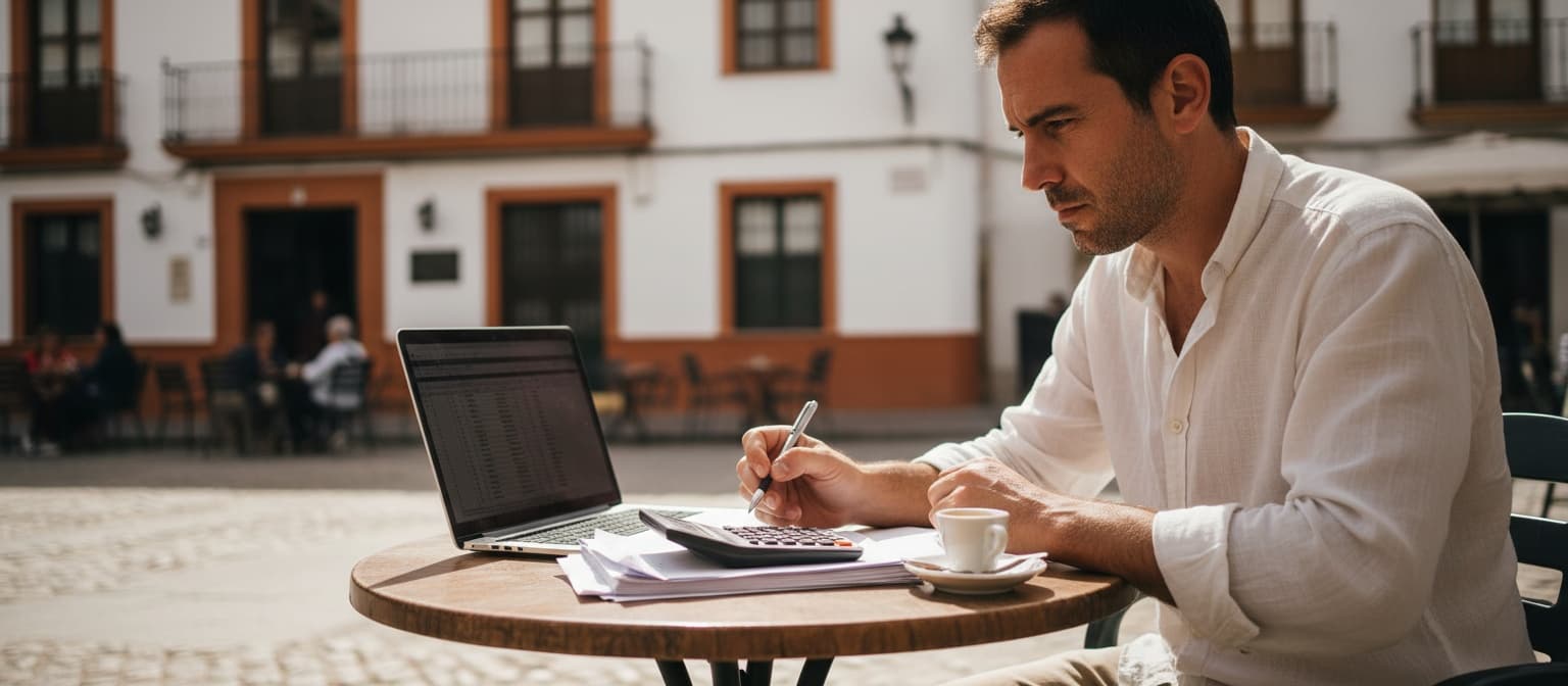 Een zelfstandig ondernemer werkt geconcentreerd op een terras aan een Spaans plein, laptop en rekenmachine op tafel, met karakteristieke Spaanse gevels op de achtergrond