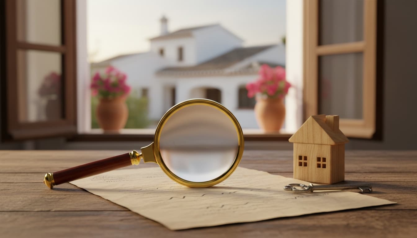 Een vergrootglas op een eigendomsdocument, met een klein houten huisje en een sleutel ernaast, en een wit Spaans huis zichtbaar door het raam op de achtergrond