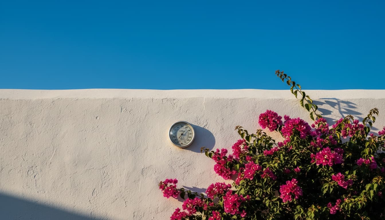 Een buitenthermometer aan een zonovergoten witte muur, met bloeiende bougainville en een strakblauwe lucht