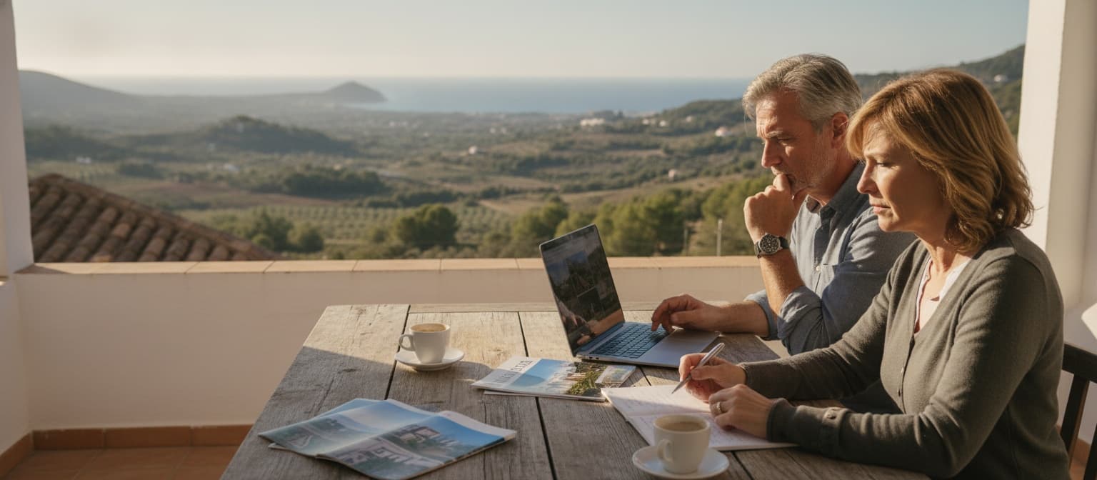 Een stel zit op een zonnig terras met uitzicht op de Spaanse heuvels en de zee, met een notitieblok, laptop en brochures, en weegt peinzend hun wensen en budget af