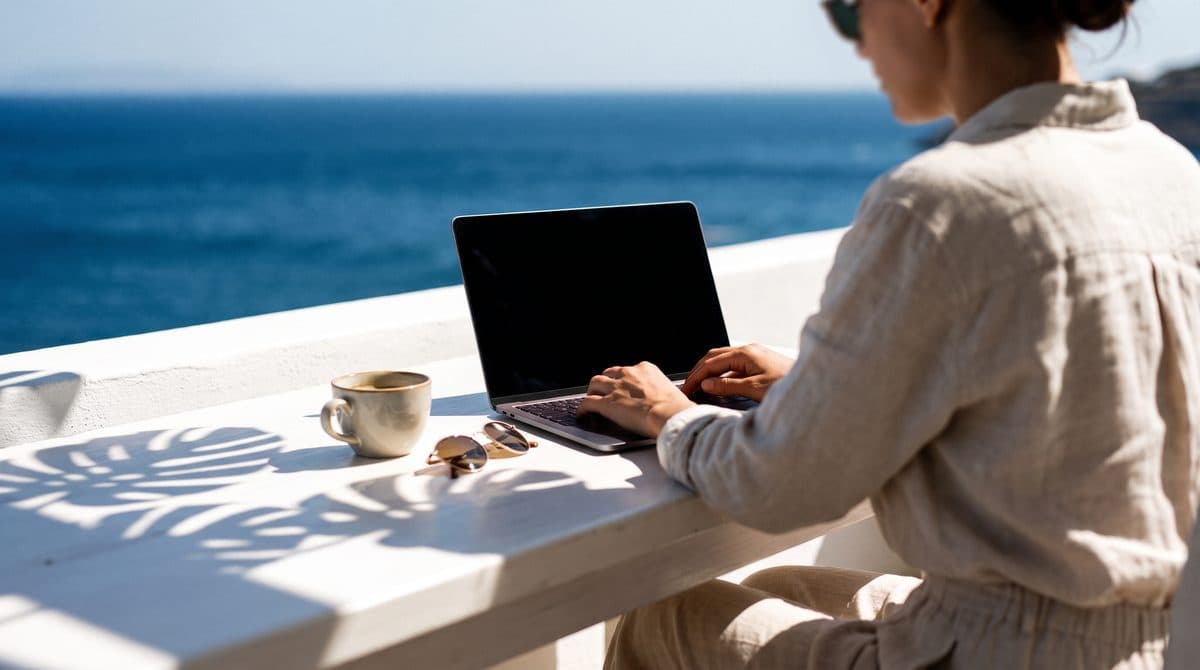 Iemand werkt op een laptop op een terras met uitzicht op de Middellandse Zee