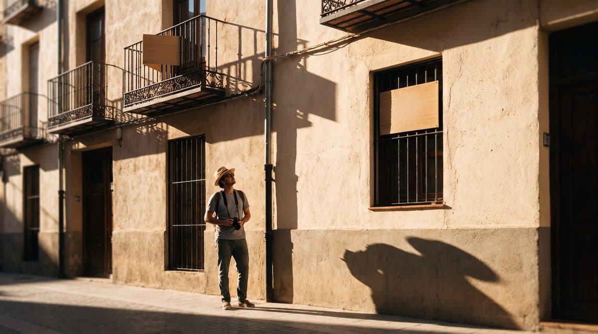 Iemand kijkt naar twee appartementengebouwen op een Spaanse straat