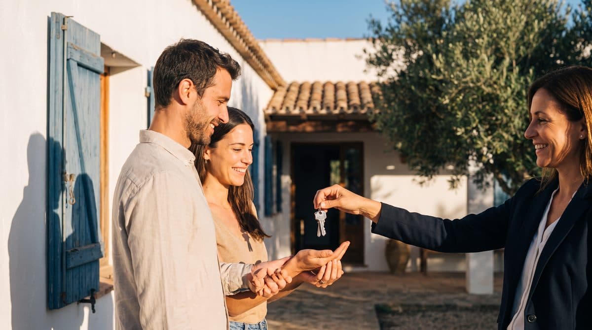 Een makelaar overhandigt de sleutels van een wit Spaans huis aan een stel
