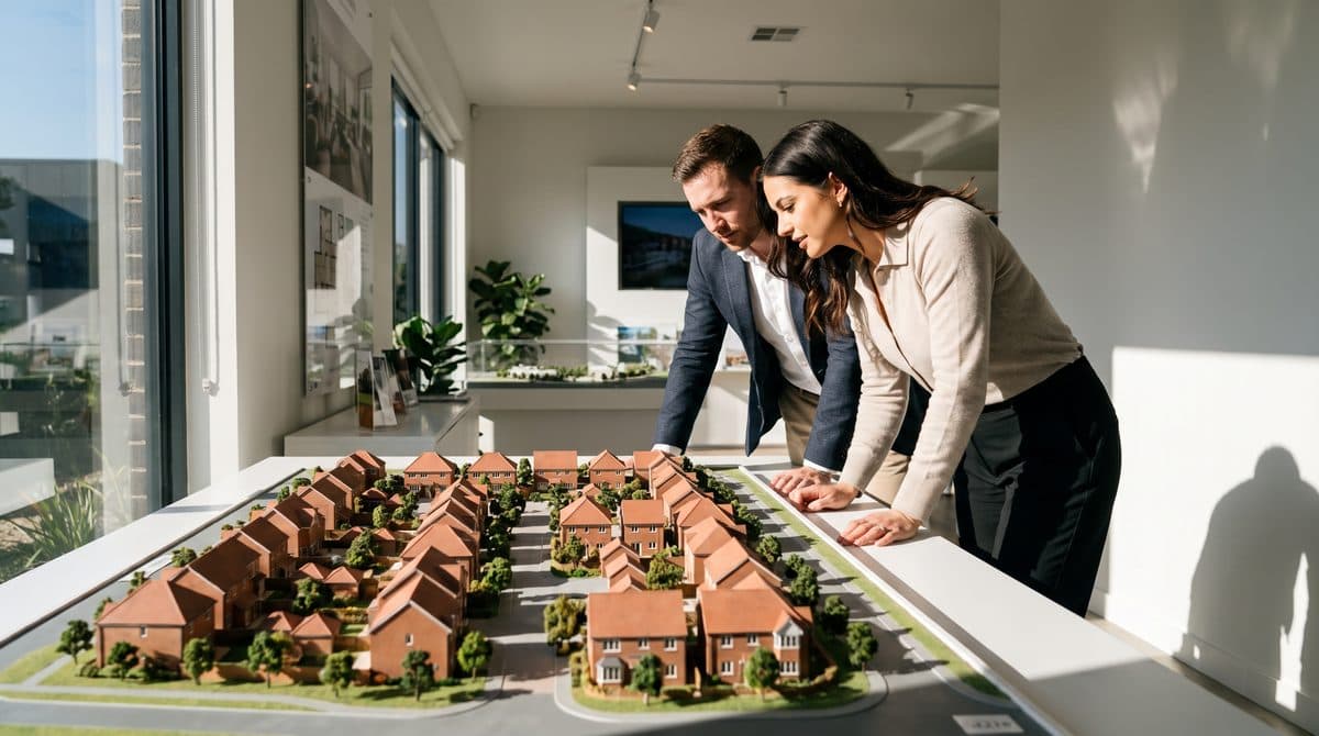 Een stel bekijkt een schaalmodel van een nieuwbouwproject in een verkoopkantoor
